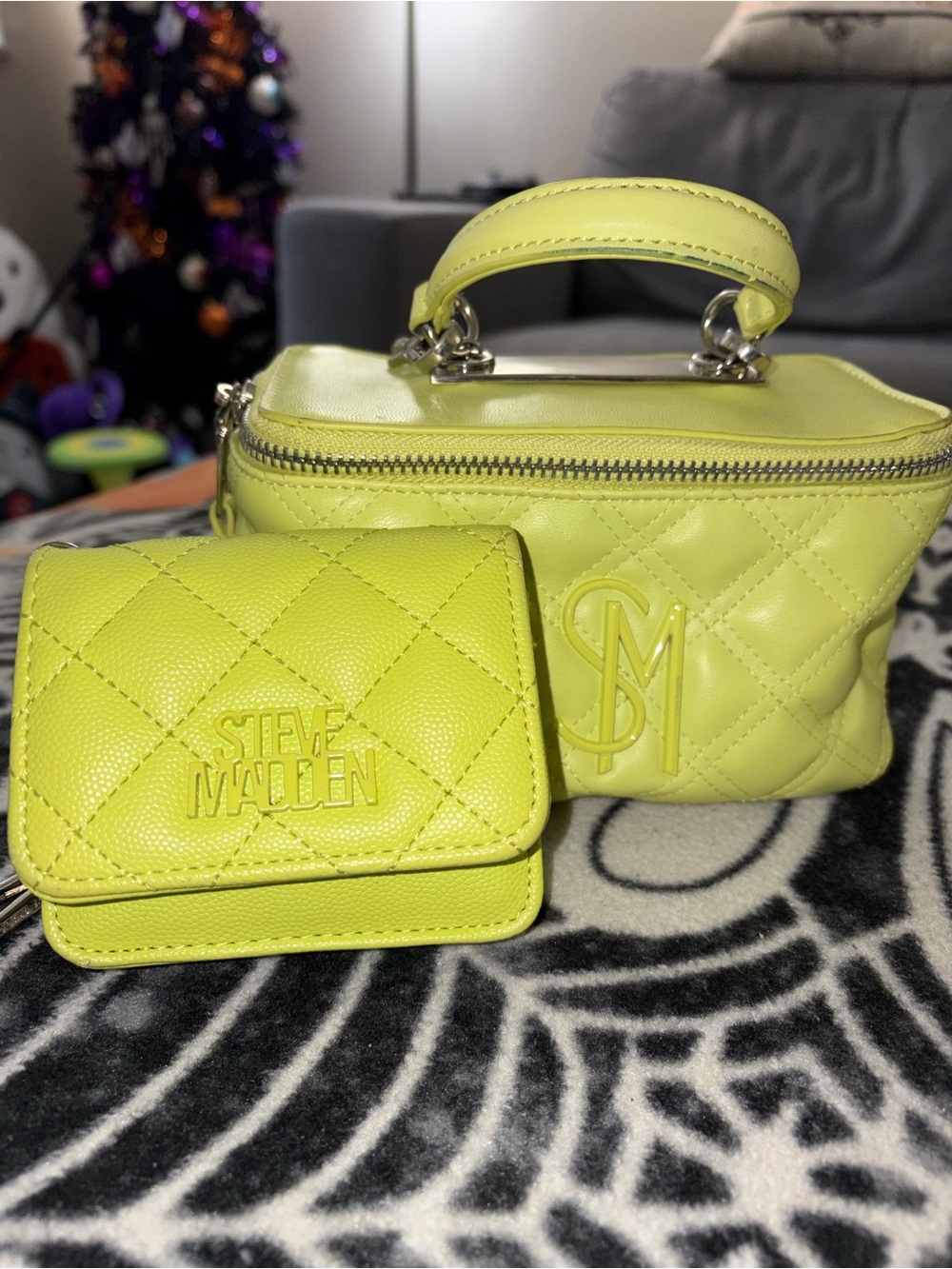 Steve Madden Neon Yellow Quilted Top-Handle Mini Bag with Matching Wallet